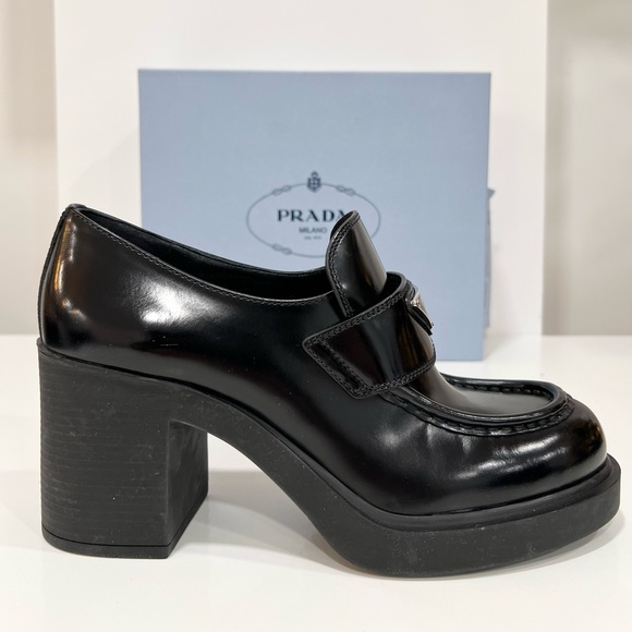 PRADA Chocolate 85mm high-heeled brushed leather loafers - Picture 3 of 13
